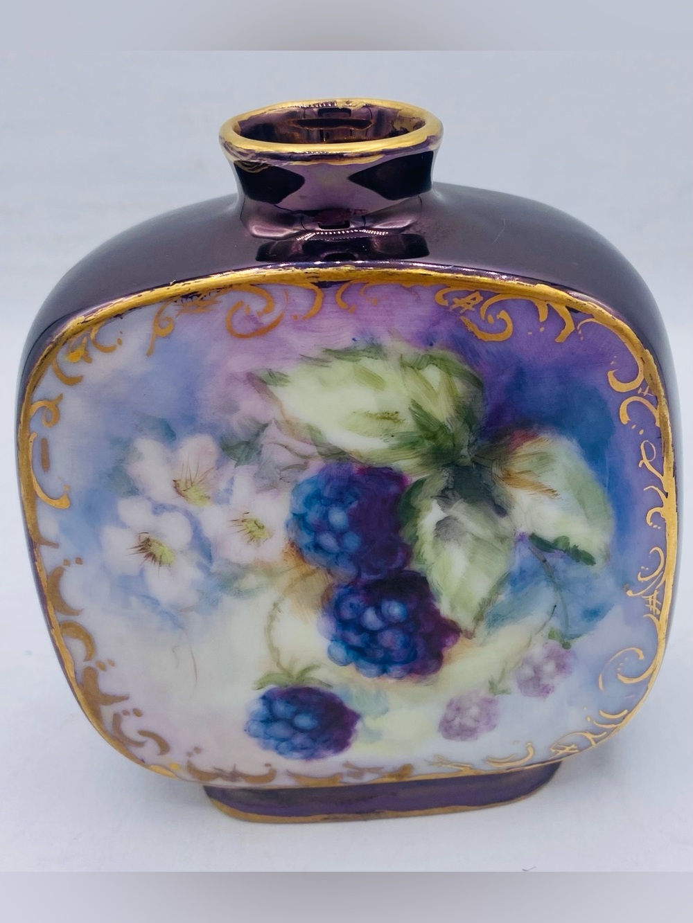 Antique Limoges Style Purple Berry Floral /Gold Trim Square Vase/Perfume Bottle